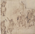 Studies of Horsemen and Study of a Figure for a Deposition (recto); Sketch for an Entablature (verso), Jacopo Palma the Younger (Italian, Venice ca. 1548–1628 Venice), Pen and brown ink